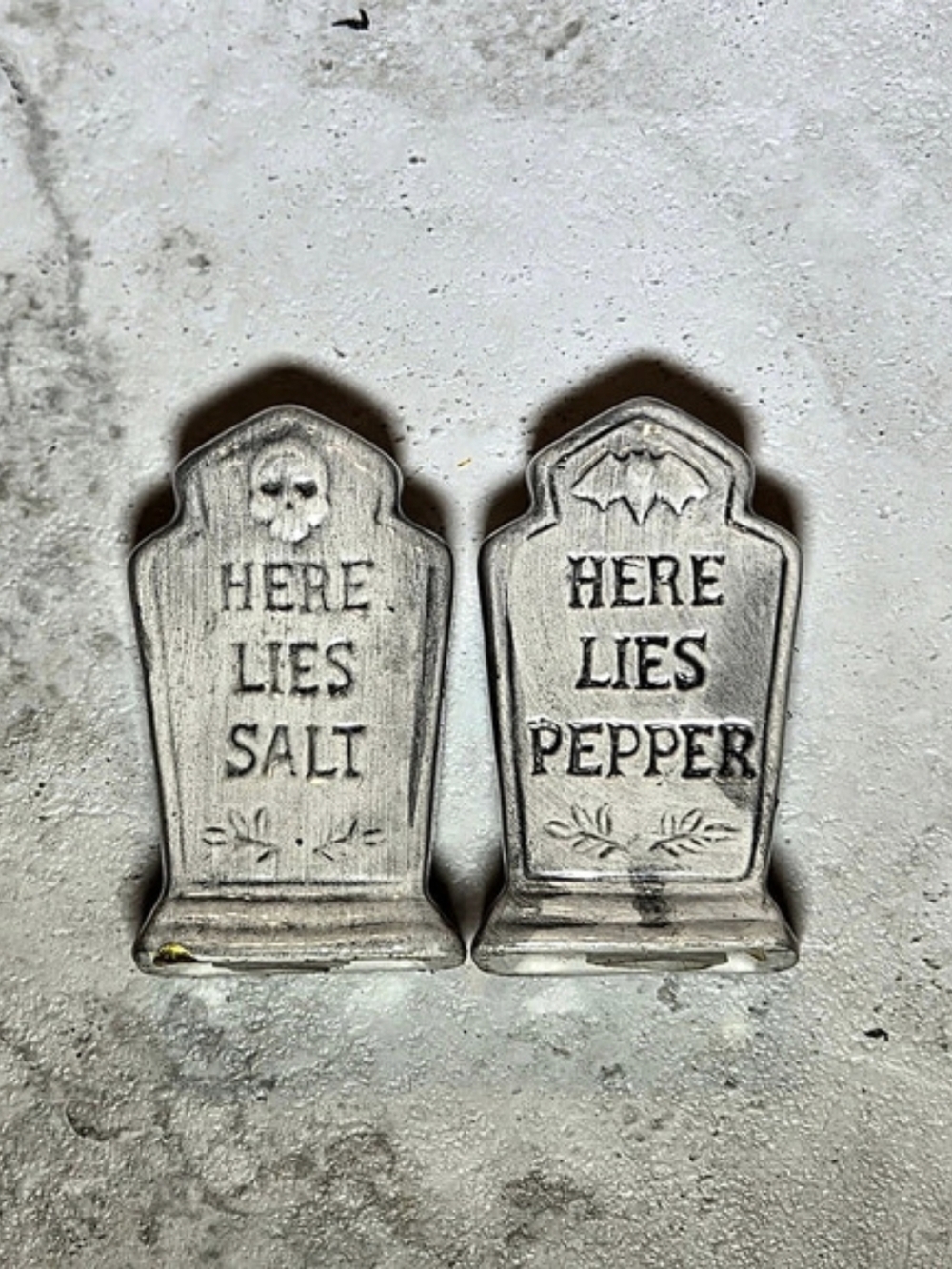 Cracker Barrel Here Lies Salt and Pepper Tombstone Shaker Set Gray